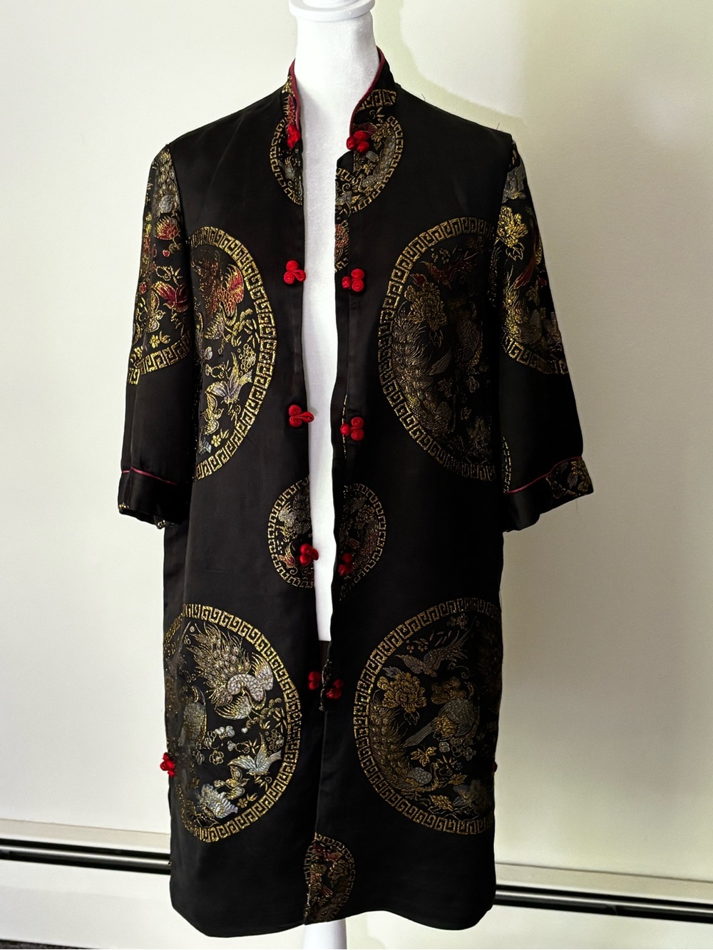 Black Brocade Mandarin Collar Coat Cardigan with Red Frog Closures Silk